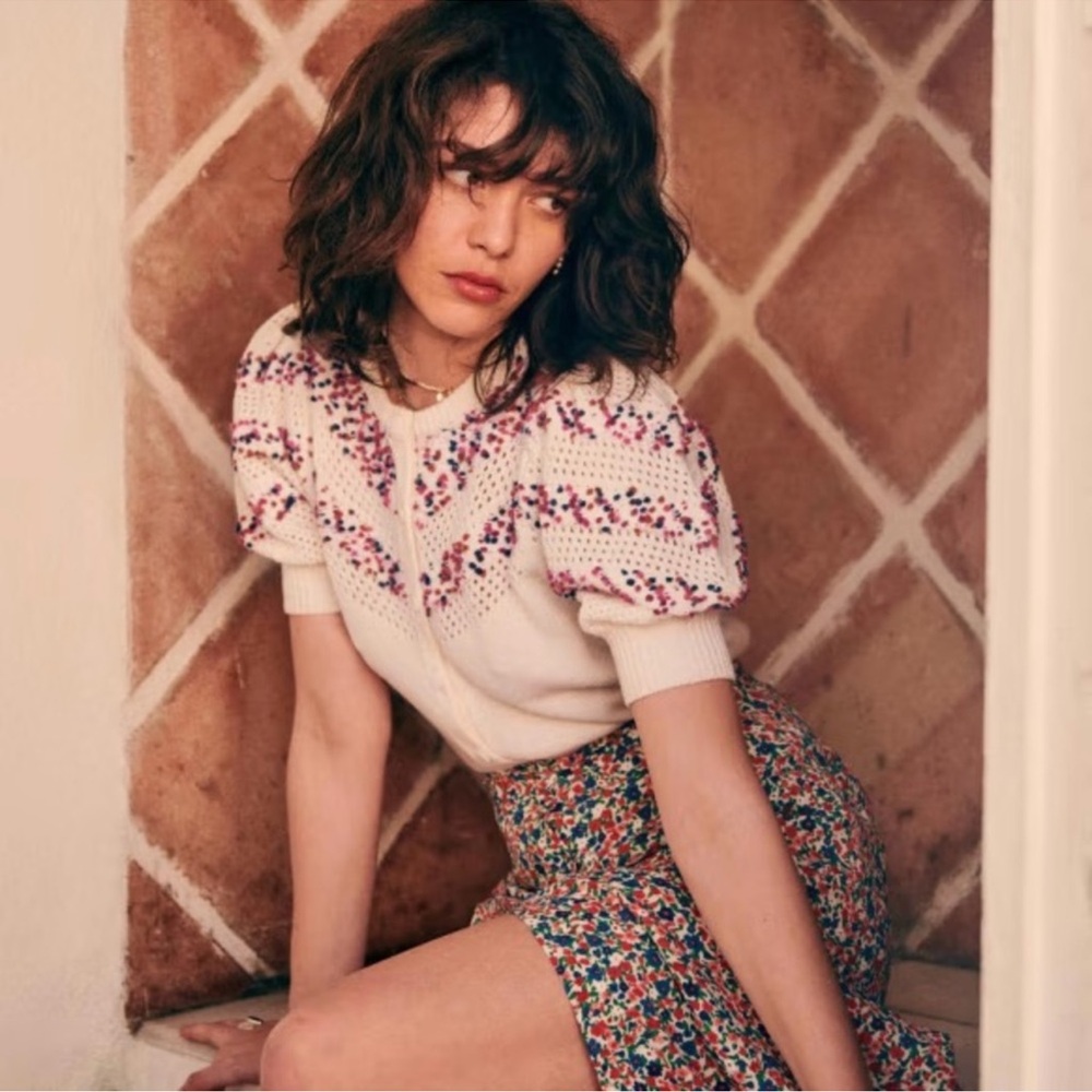 Sezane Cream Cardigan with Multicolor Confetti Detail - Picture 4 of 12